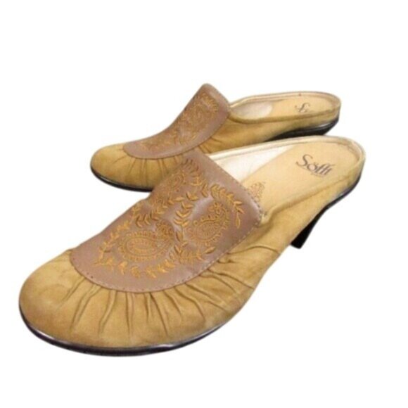 Sofft Embroidered Slip-On Mule Heels Tan Suede Size 8.5 - Picture 2 of 8